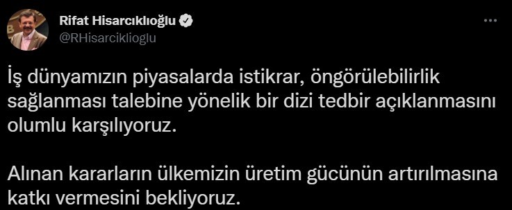 TOBB Başkanı Hisarcıklıoğlu: “Yapılan bir dizi tedbir açıklanmasını  olumlu karşılıyoruz”